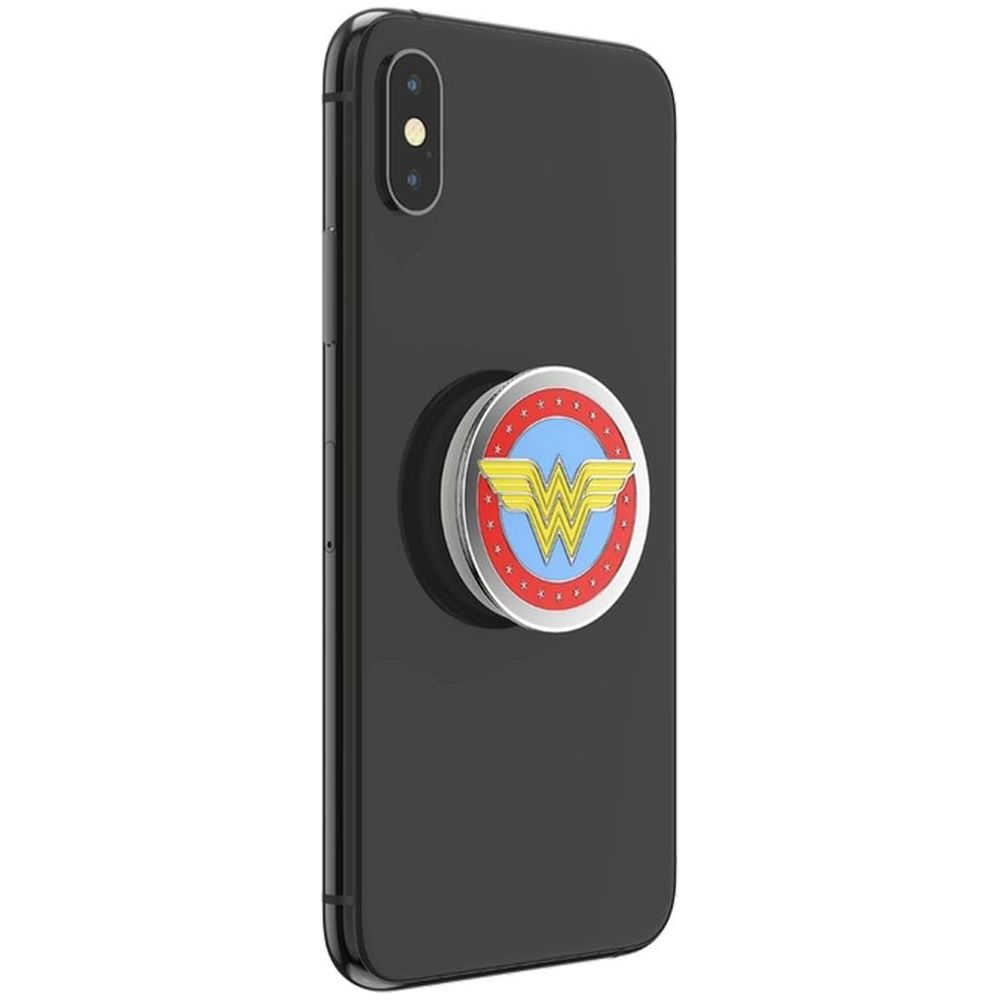 Smartphone nero con PopSocket logo Wonder Woman.