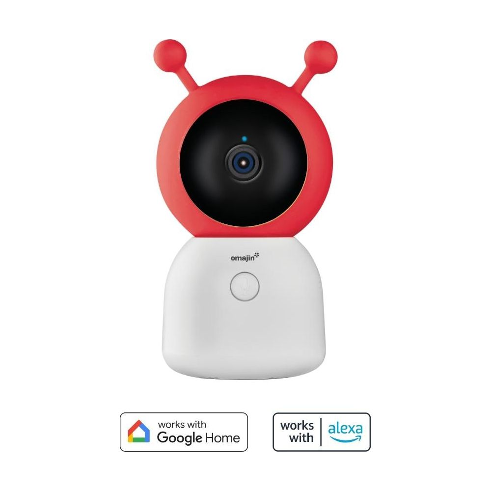 Un baby monitor bianco con testa rossa e antenne, con loghi Google Home e Alexa.