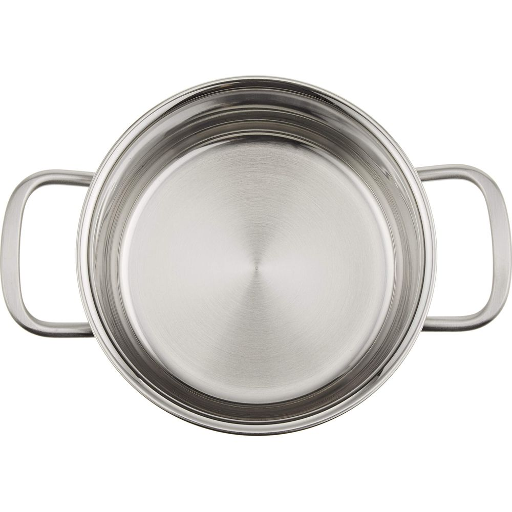 Vue de dessus d'une casserole vide en acier inoxydable avec deux poignées.