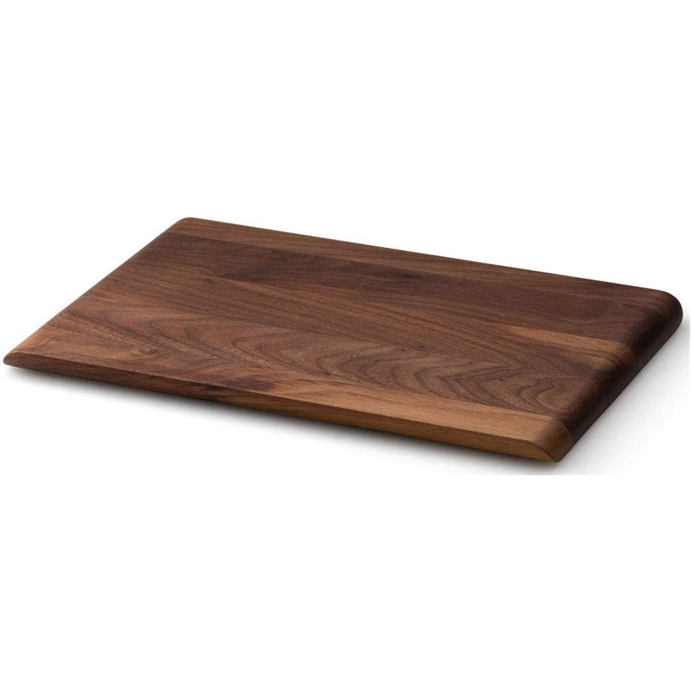 Ein rechteckiges Holzschneidebrett aus dunklem Holz mit Maserung.