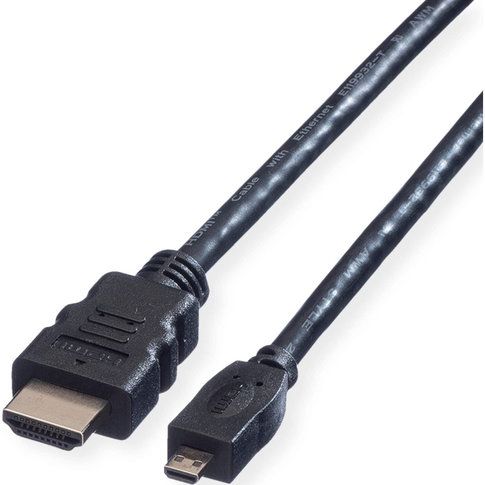 Schwarzes HDMI-Kabel mit Standard- und Micro-Anschlüssen, auf weißem Hintergrund.