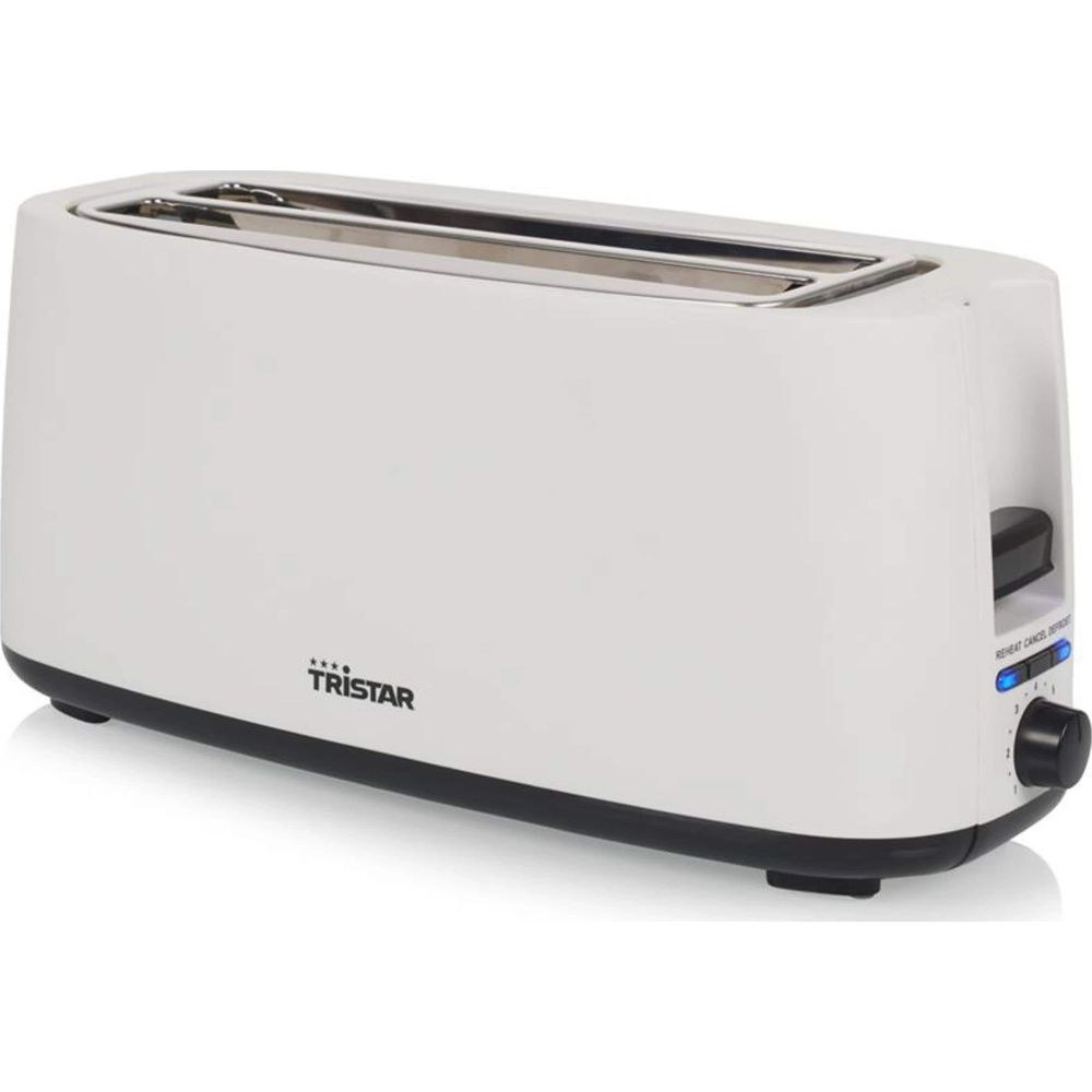Biały toster Tristar z dwoma szczelinami i pokrętłem regulacji.