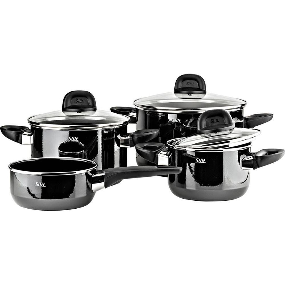 Ensemble de casseroles noires avec couvercles en verre et poignées.
