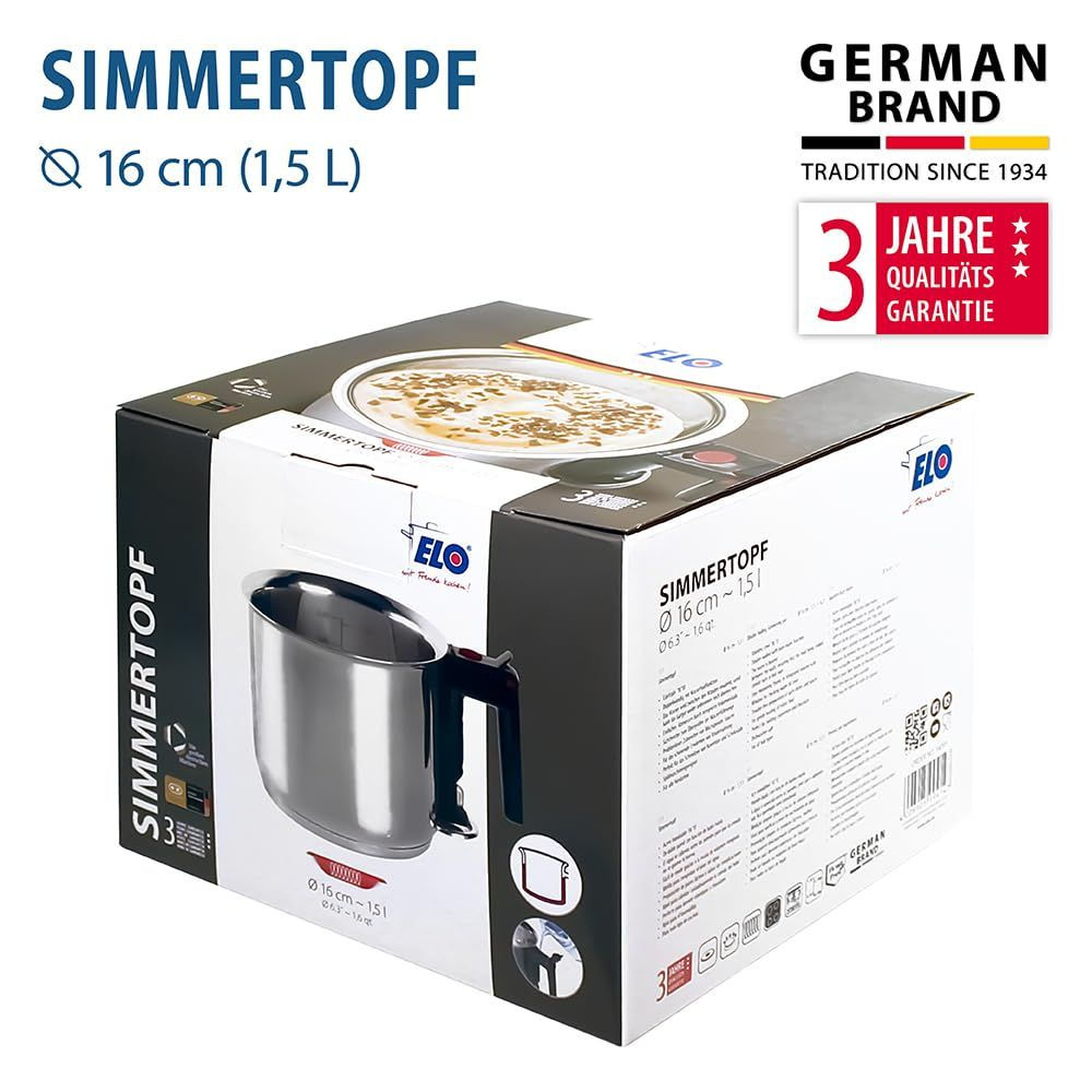 Verpackung eines ELO Simmertopfs, 16 cm, mit Garantie- und Markendetails.
