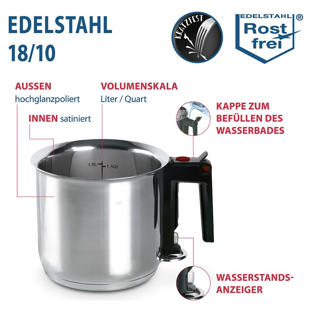 Edelstahlkochtopf 18/10 mit Skala, Griff und Wasserstandsanzeiger.