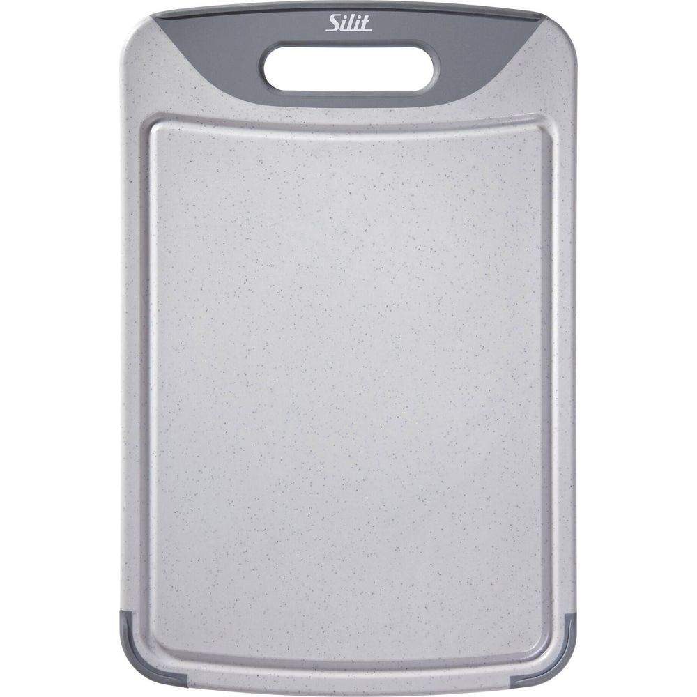 Graue Silit-Schneidetafel mit Griffloch und umlaufender Saftrille.