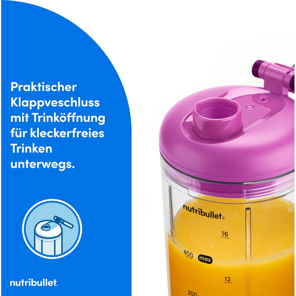 Nutribullet con coperchio chiuso e succo d'arancia. Pratico coperchio a ribalta.