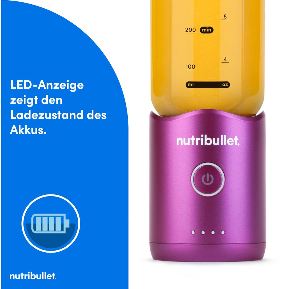 Base Nutribullet viola con contenitore succo giallo e indicatore di carica.