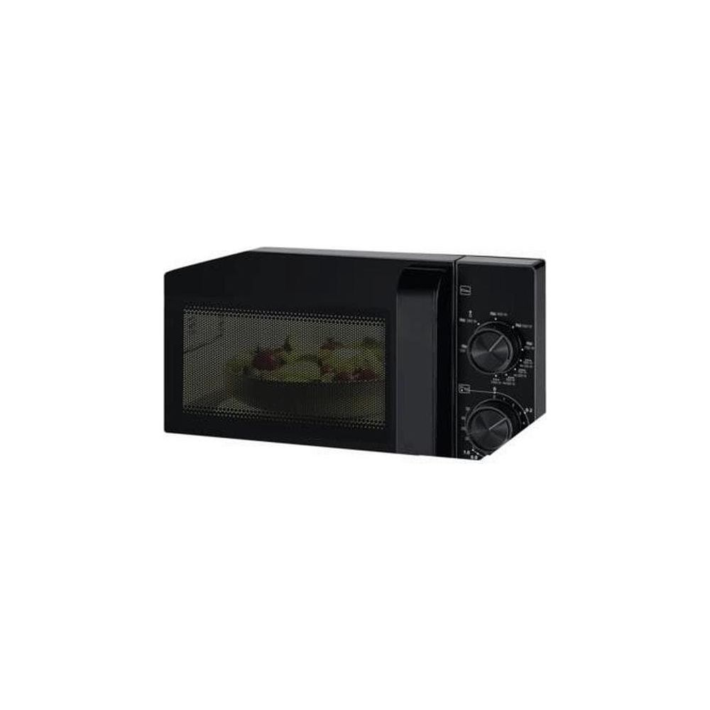 Micro-ondes noir avec un gâteau à l'intérieur et deux boutons.