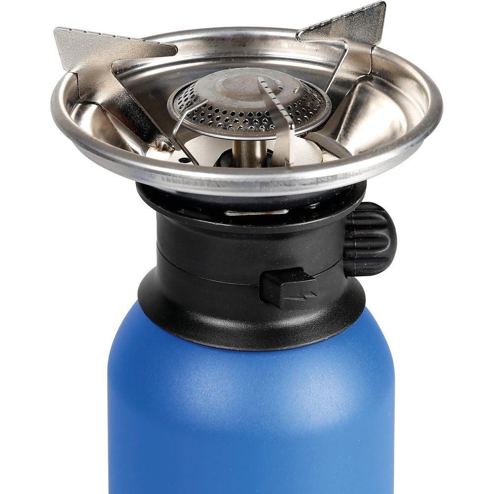 Fornello a gas blu con testa bruciatore argentata e manopola di controllo nera.