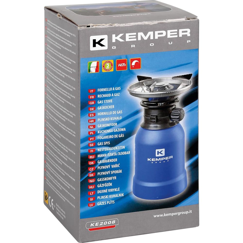 Una scatola blu per fornelletto a gas con logo Kemper e nomi prodotto multilingue.