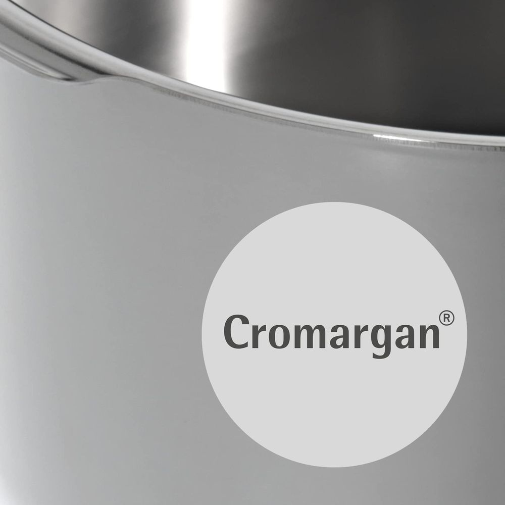 Nahaufnahme eines silbernen Behälters mit dem Logo 'Cromargan'