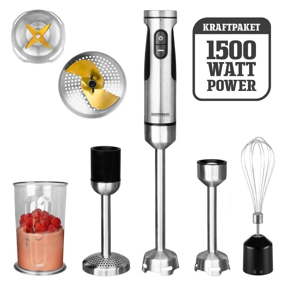 Handmixer-Set mit 1500W Leistung, Zubehör und Becher mit Beeren.