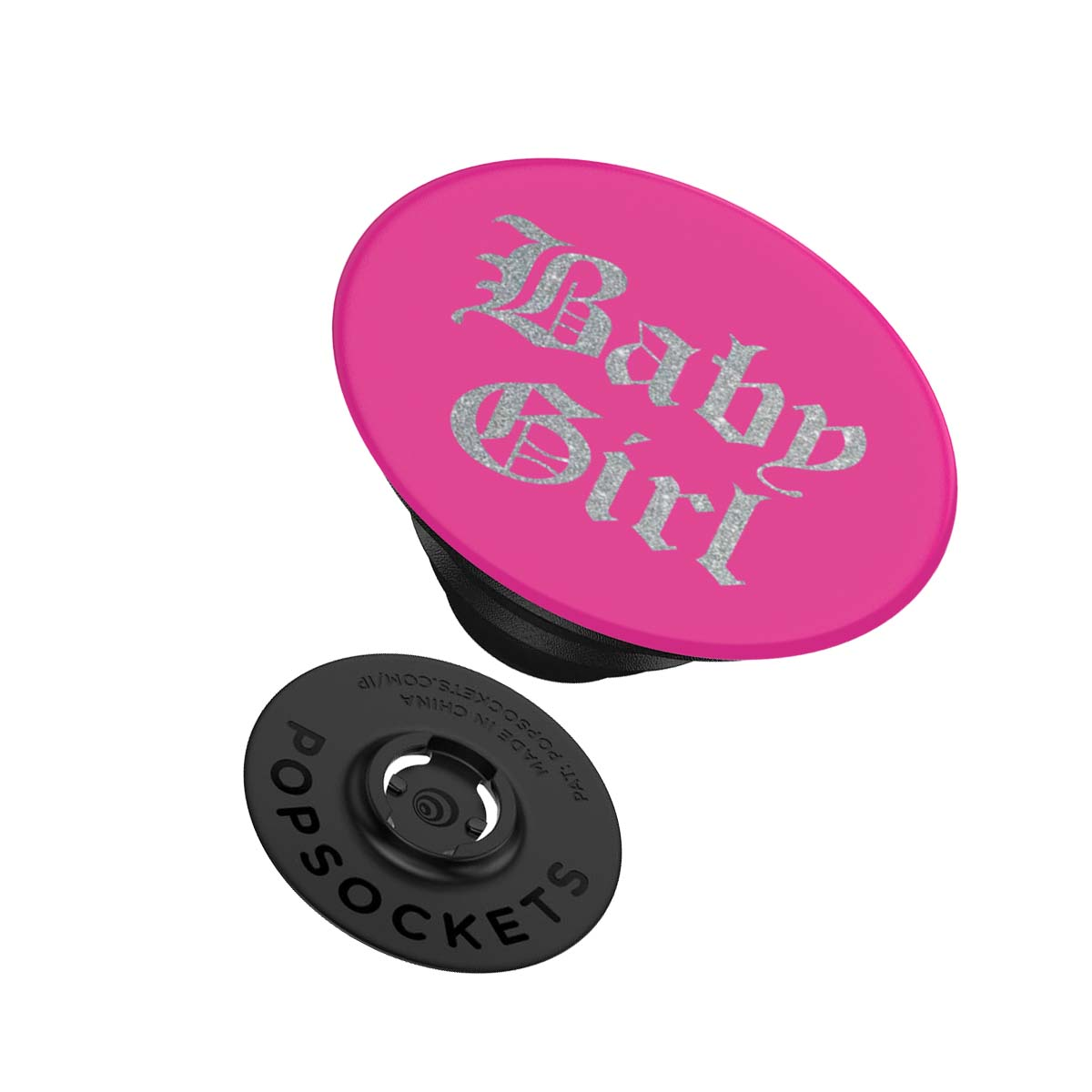 Un PopSocket rosa con scritta glitter argento "Baby Girl".