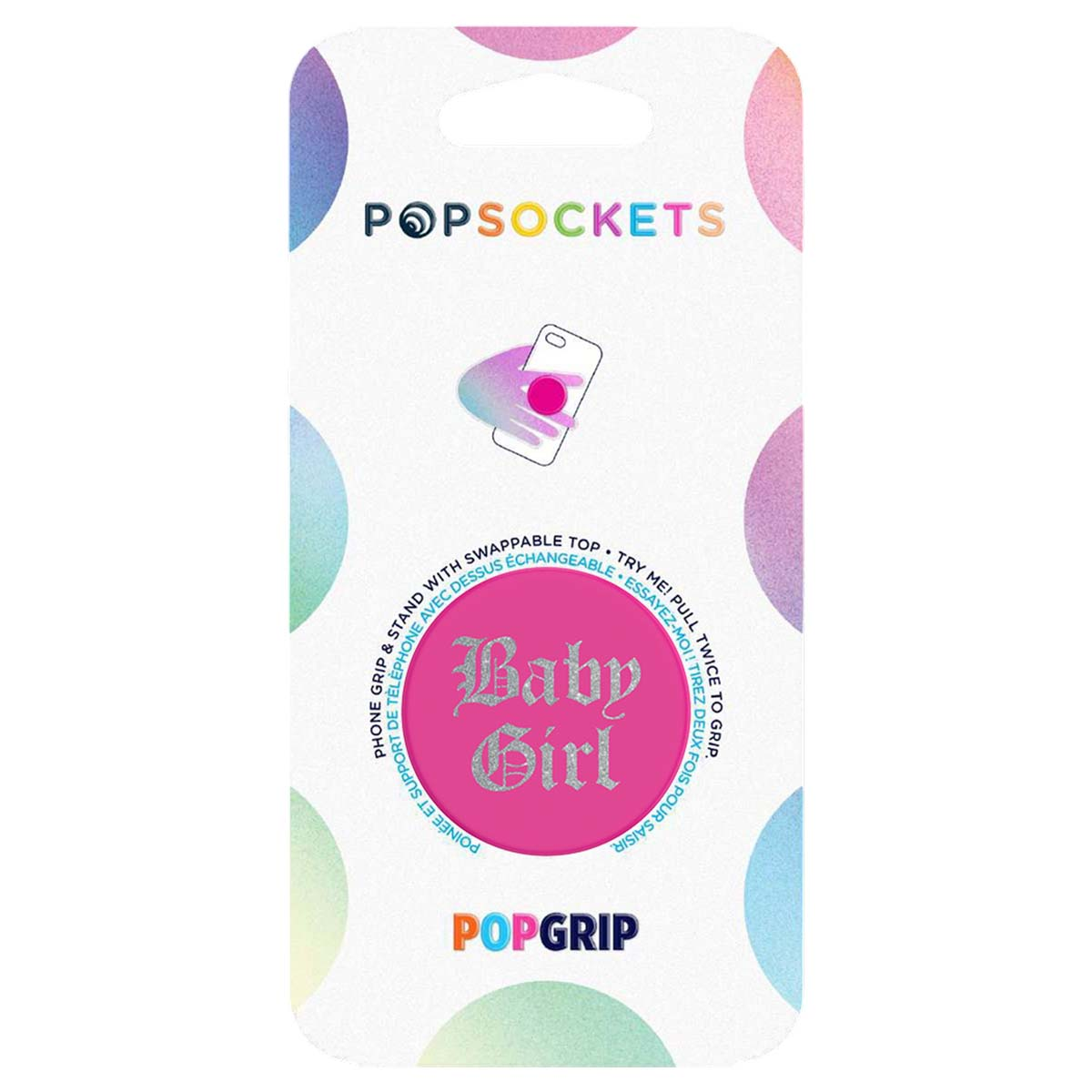 Popsockets Baby Girl impugnatura per telefono con testo glitterato su sfondo pastello.