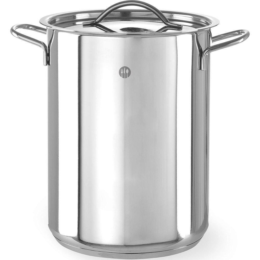 Edelstahlkochtopf mit Deckel und Griffen, mit einem kleinen Logo auf der Vorderseite.