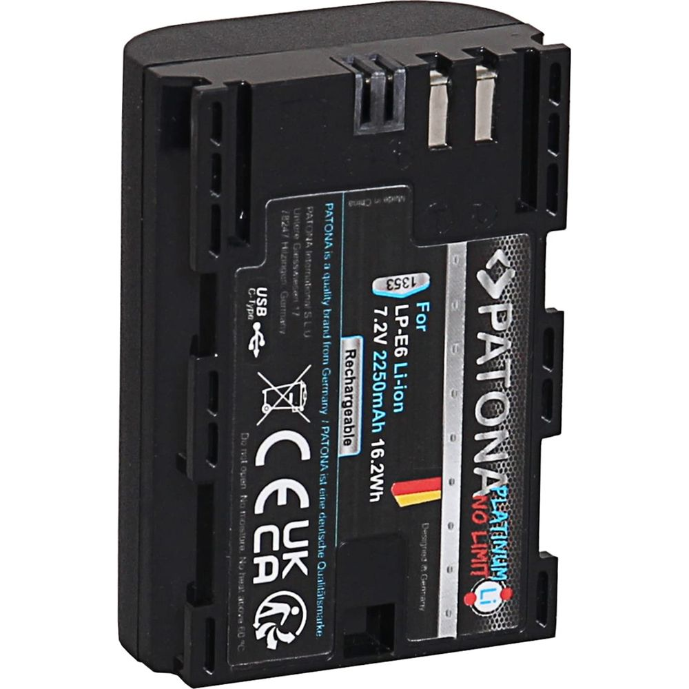 Batteria nera per fotocamera, PATONA LP-E6 Li-ion, 7.2V 2250mAh.