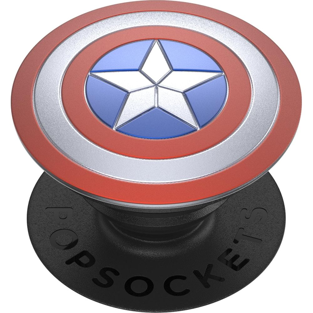 Un PopSocket con escudo del Capitán América, con estrella roja, blanca y azul.