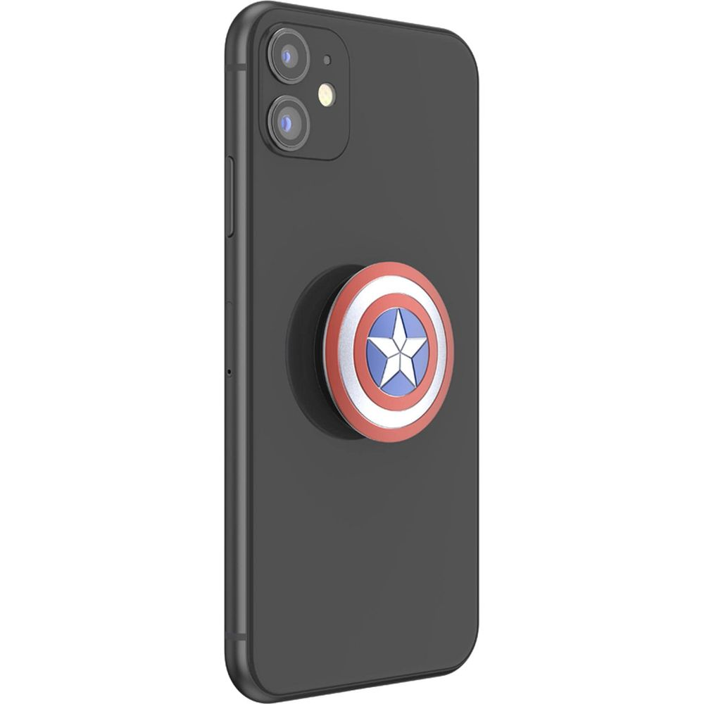 iPhone negro con soporte de escudo del Capitán América en la parte trasera.
