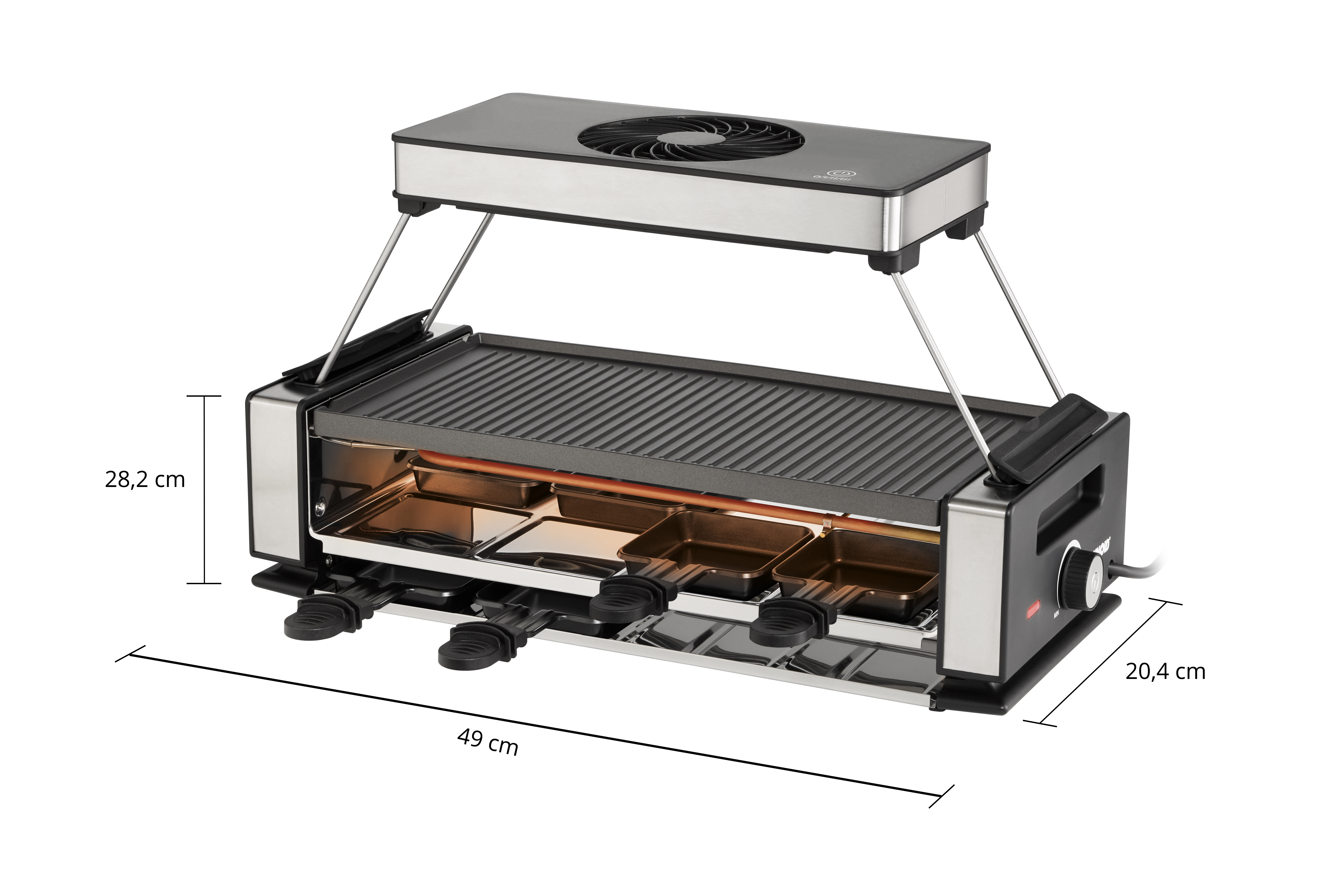 Ein elektrischer Raclette-Grill mit Grillplatte, Lüfter und vier Pfännchen.