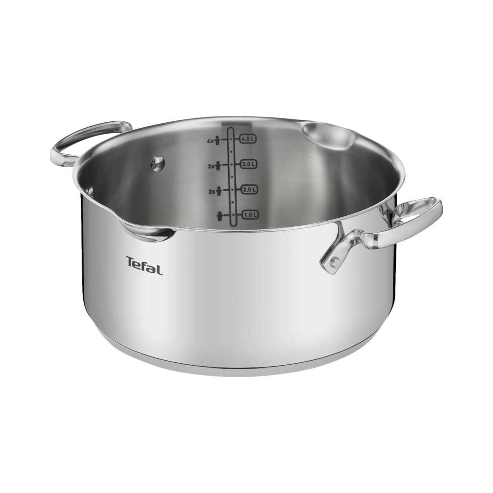 Olla plateada Tefal con marcas de volumen de 1,0, 2,0, 3,0 y 4,0 litros.