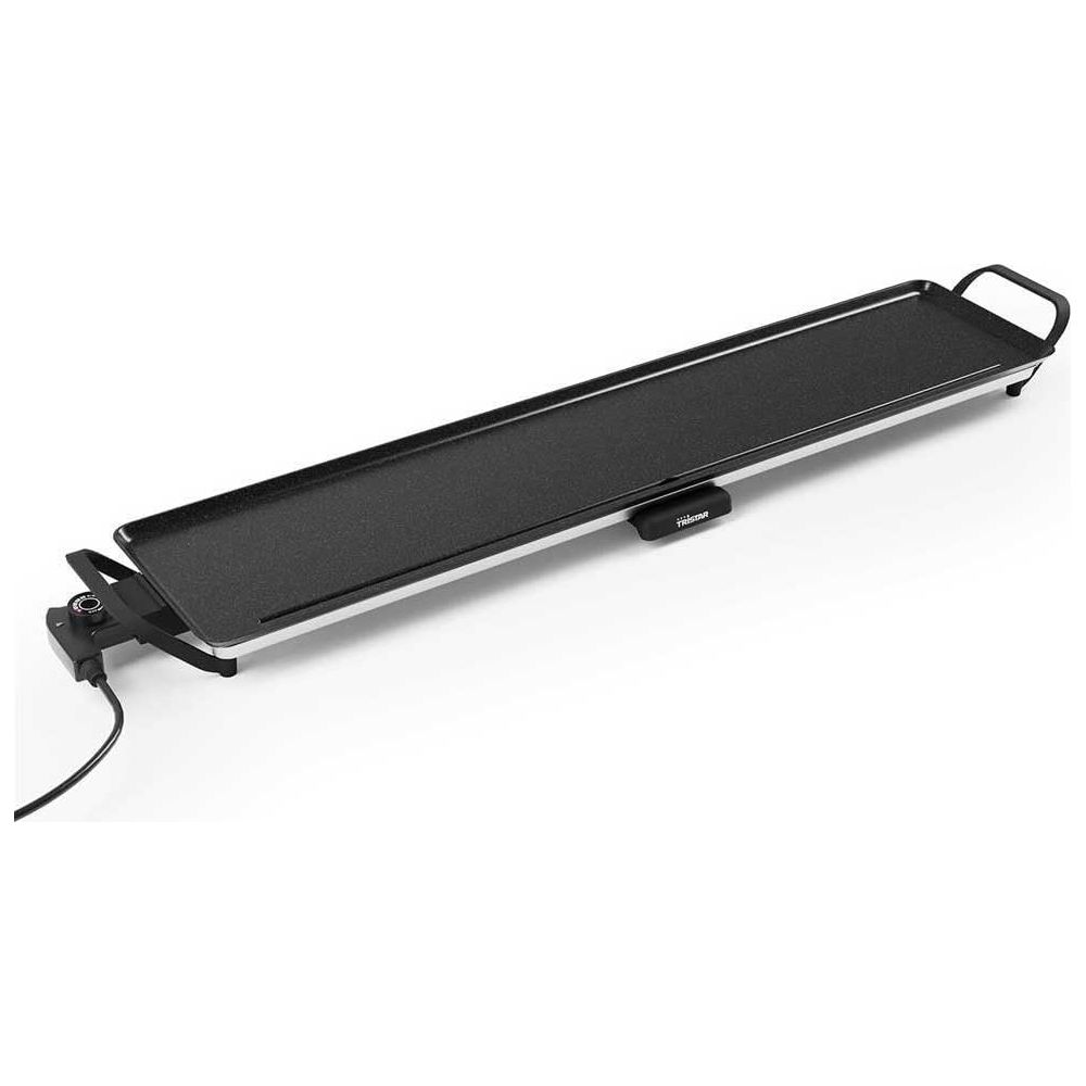 A long, rectangular electric griddle with a black surface and silver casing.