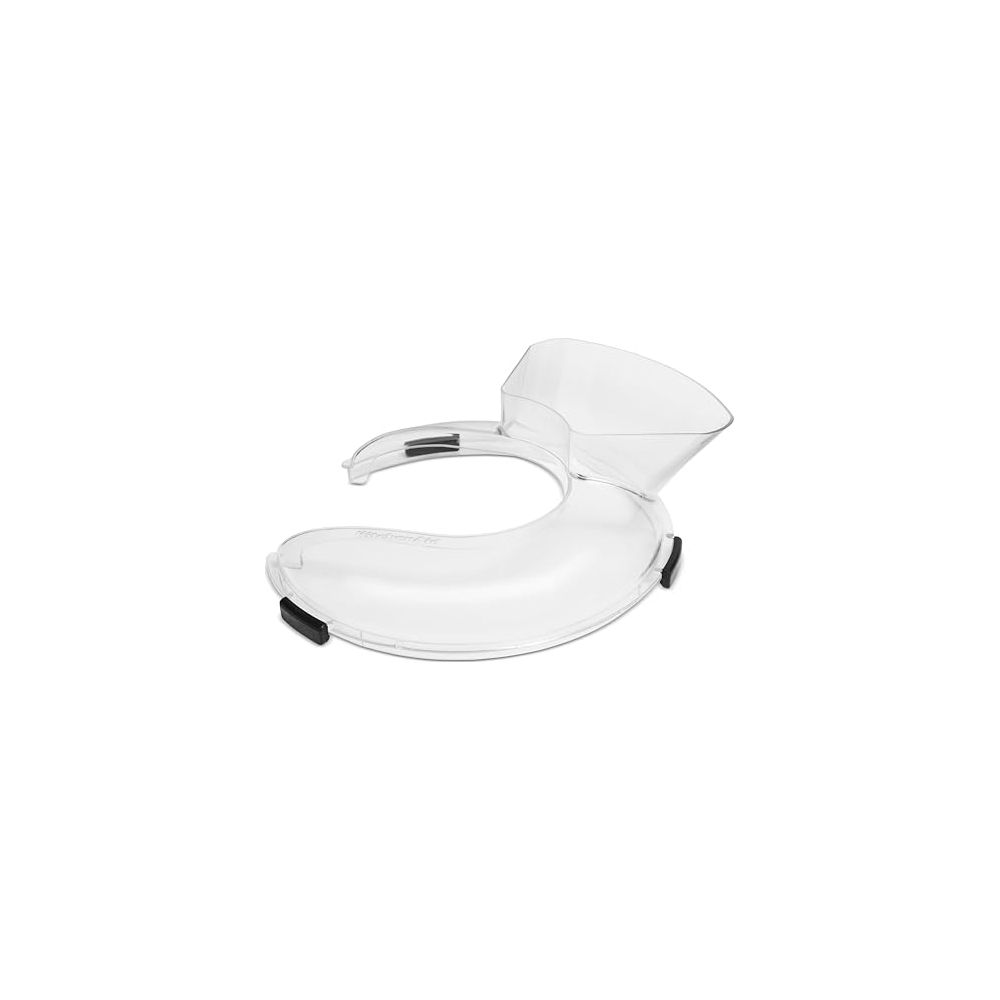 Transparenter Spritzschutz mit schwarzem Clip. Geformt wie ein Halbmond mit einem Trichter.