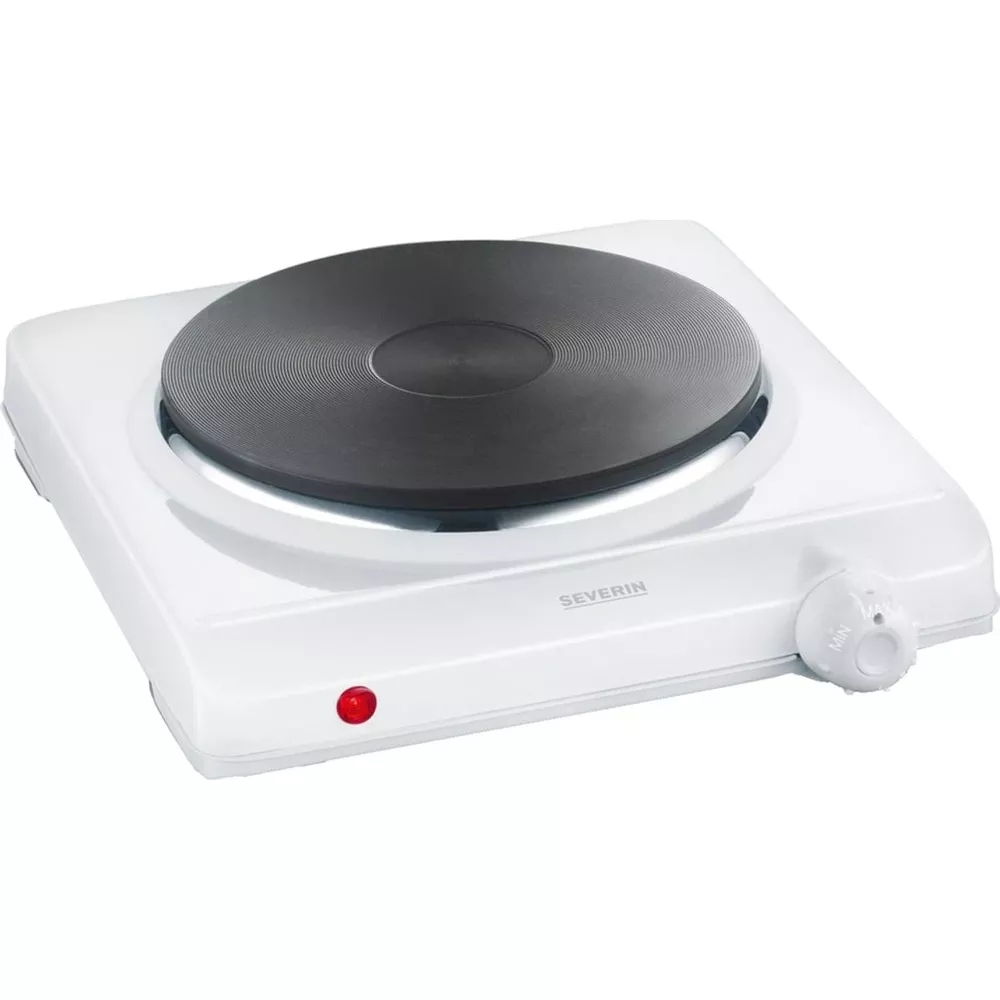 Biała płyta elektryczna Severin z czarną grzałką, czerwoną lampką kontrolną i pokrętłem.