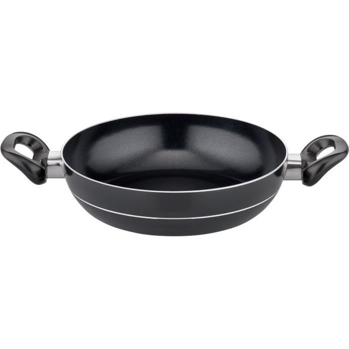 Schwarze Bratpfanne mit zwei Griffen und weißen Akzenten.