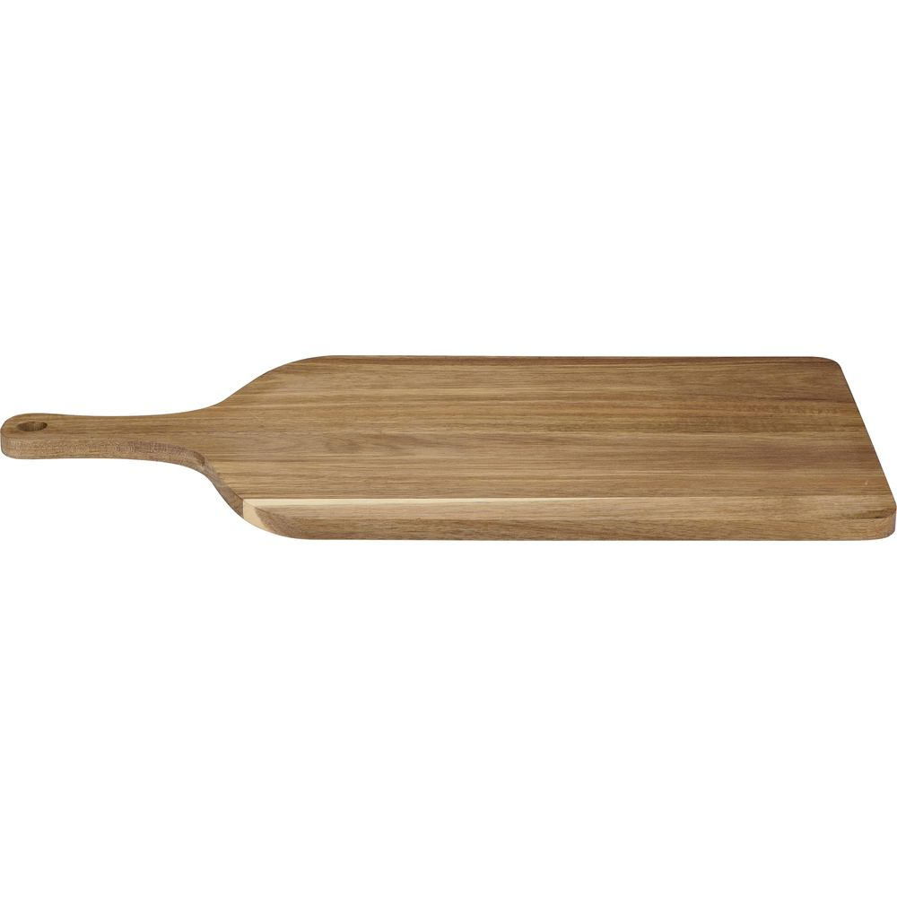 A wooden cutting board with a handle lies on a white background.