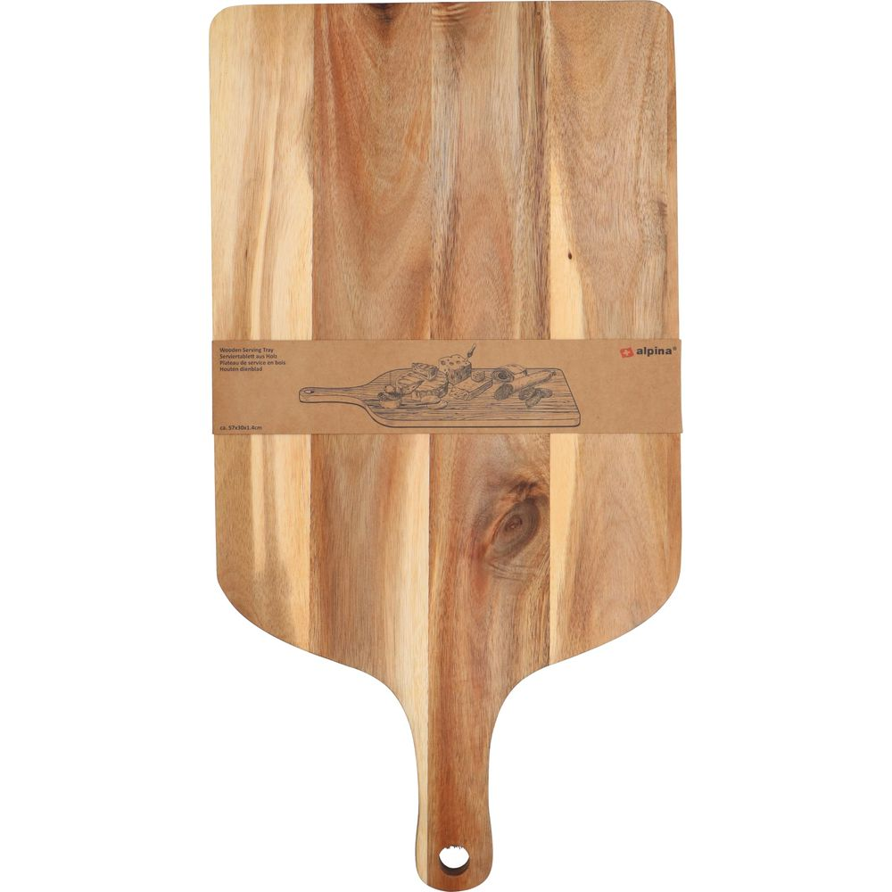 Wooden serving tray with handle, with a drawing of food on it.