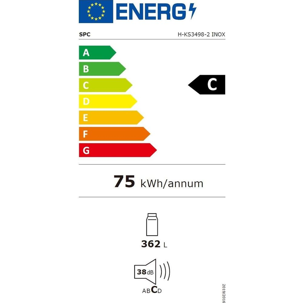 Etichetta energetica frigorifero/congelatore, classe C, 75 kWh/anno, 362 L, 38 dB.
