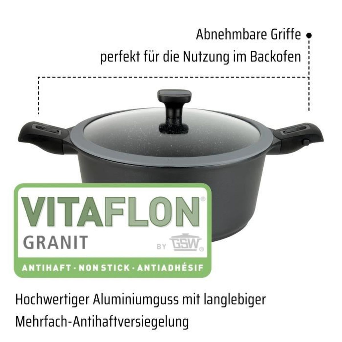Olla gris con tapa de cristal y asas. Inscripción "Vitaflon Granit".
