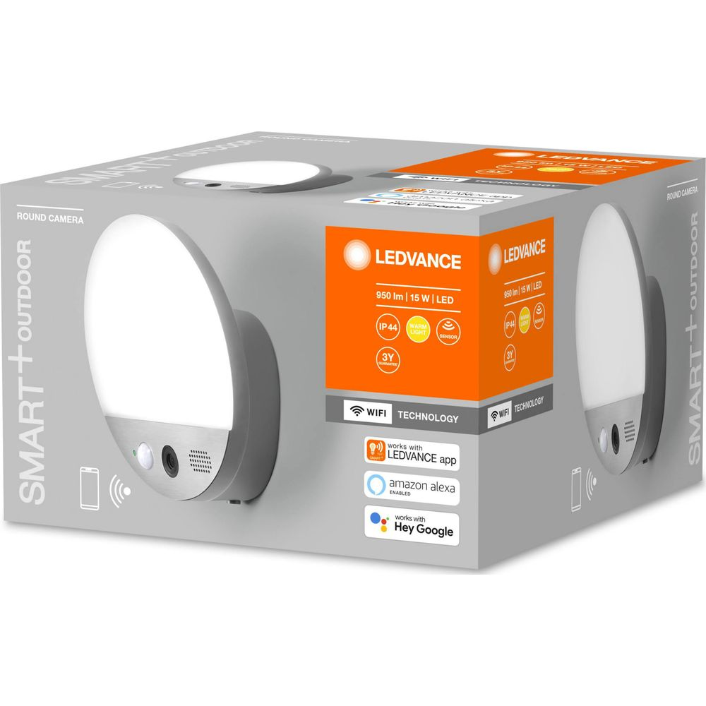 LEDVANCE Smart Outdoor Round Camera Verpackung mit Details zu Lichtstärke und Konnektivität.