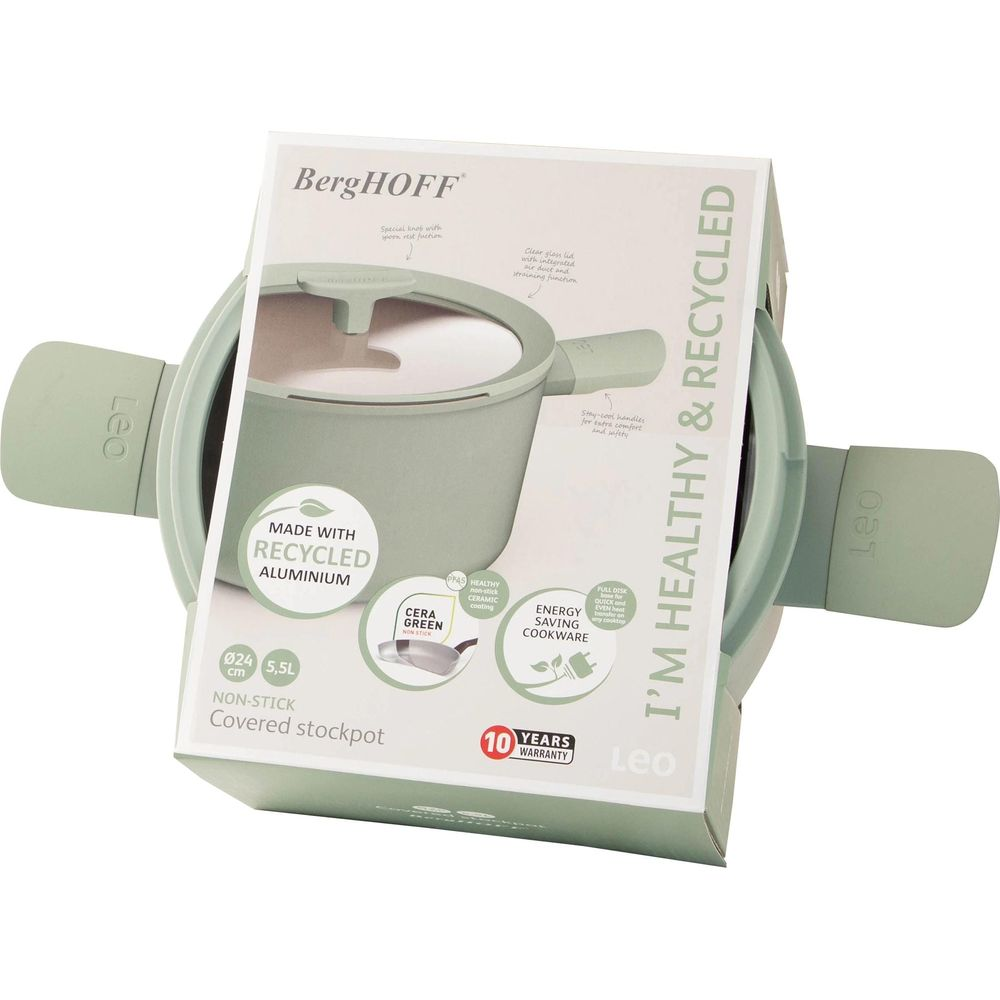 Een groene BergHOFF pan met deksel en handvatten, van gerecycled aluminium.