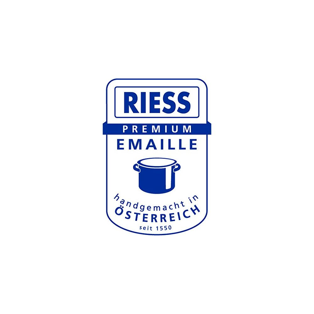 RIESS Premium Emaille Logo mit Topf und "handgemacht in Österreich".