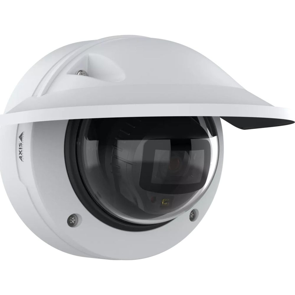 Una telecamera di sicurezza bianca a cupola con parasole.