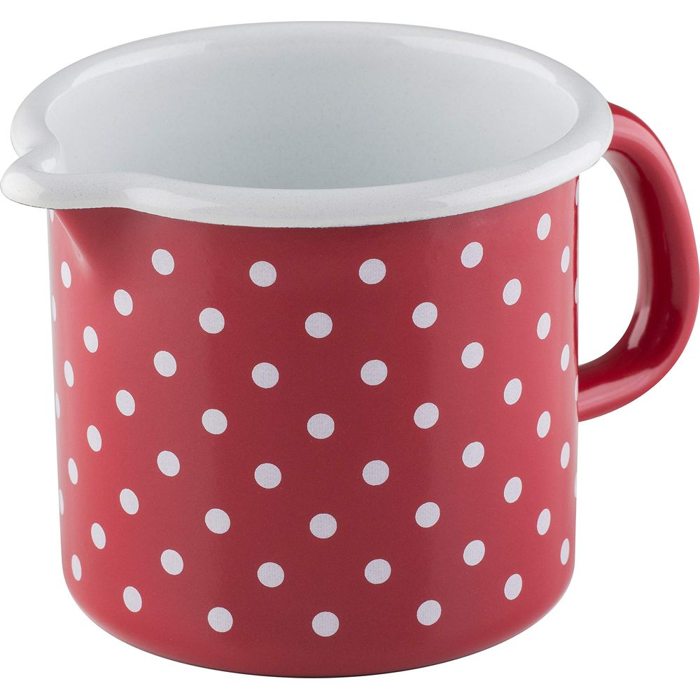 Pichet émaillé rouge à pois blancs et une anse.