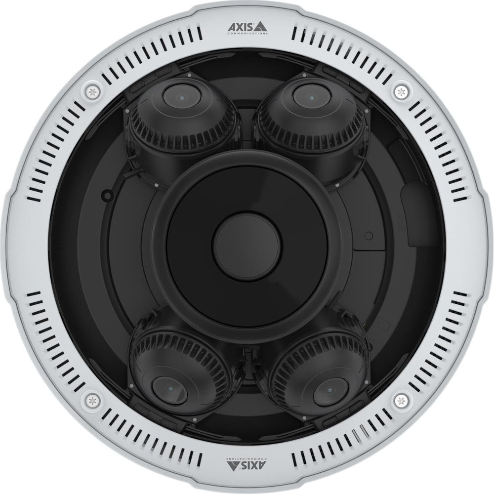 Biała kamera bezpieczeństwa z czterema czarnymi obiektywami i logo Axis.