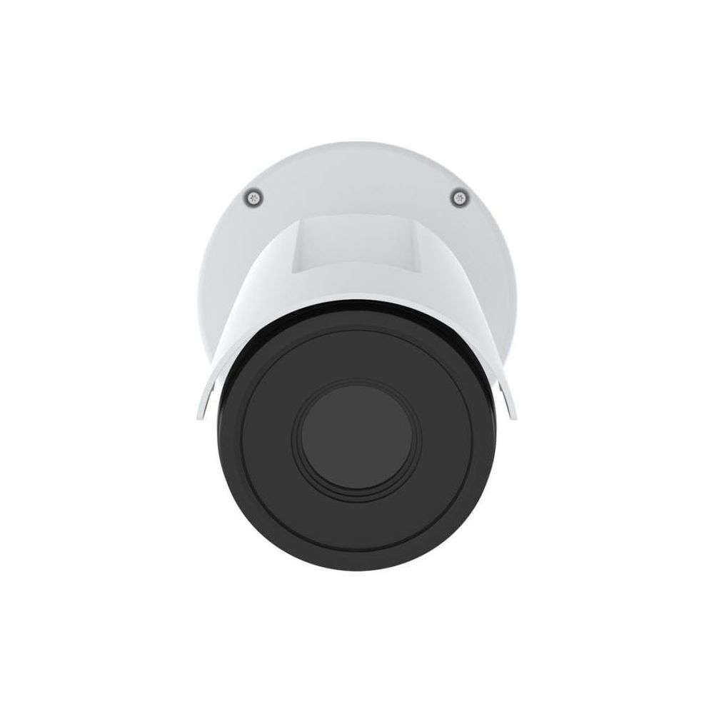 Biała kamera bezpieczeństwa z czarnym obiektywem na białym tle.