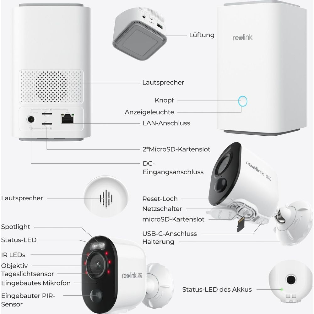 Diagramma mostra telecamere Reolink e accessori con etichette.