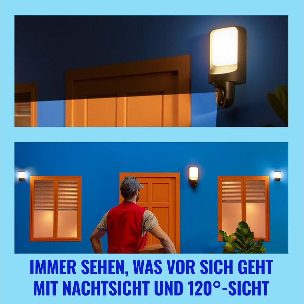 Man stands before a blue house facade with orange door and windows. Night vision.