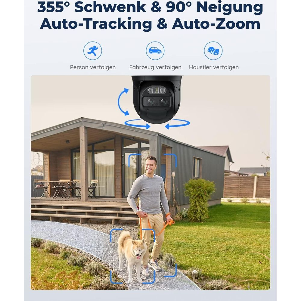 Mężczyzna spaceruje z psem przed domem, kamera nad nimi