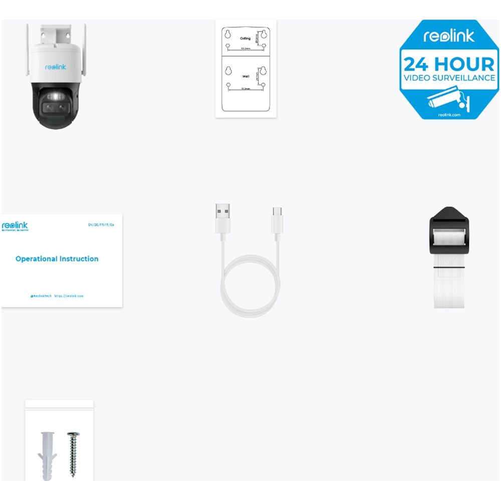 Kamera Reolink, instrukcje, kable i elementy montażowe na białym tle.