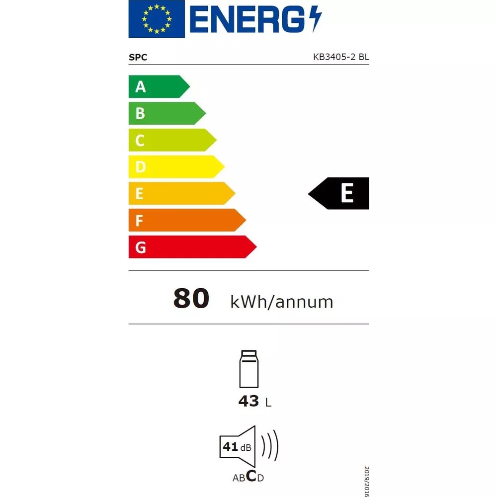 Energielabel mit Skala A-G, Energieeffizienz E, 80 kWh/Jahr, 43 L, 41 dB.