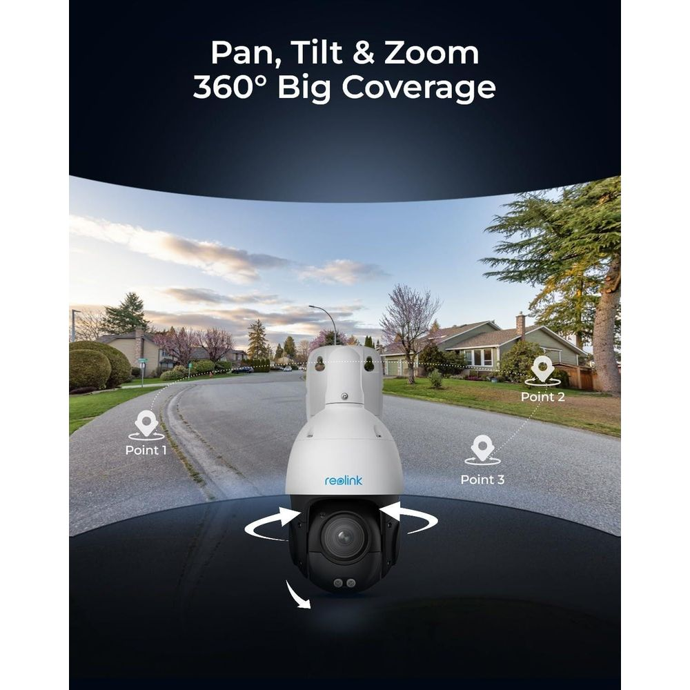Kamera Reolink z funkcjami Pan, Tilt i Zoom na ulicy.