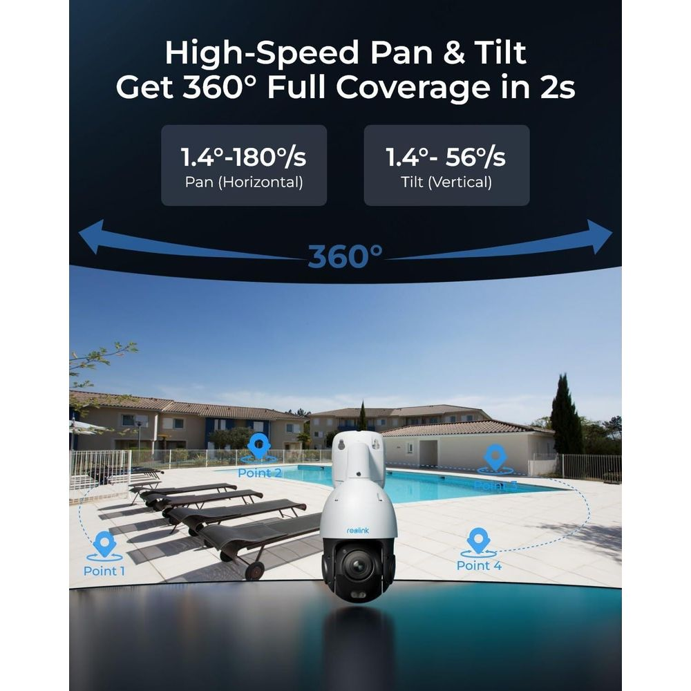 Überwachungskamera mit 360°-Abdeckung neben einem Pool mit Sonnenliegen.