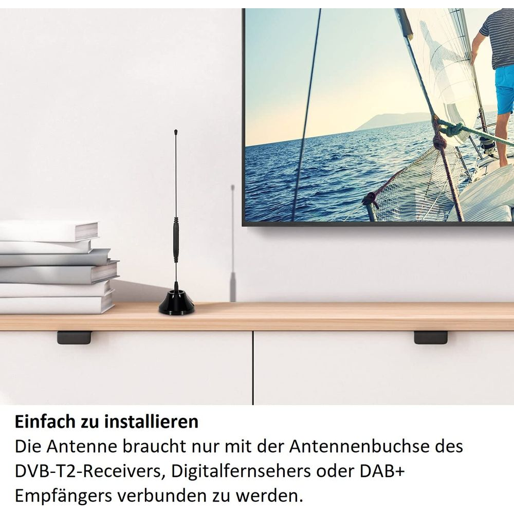 Czarna antena stoi obok książek, wyświetlany jest program telewizyjny.