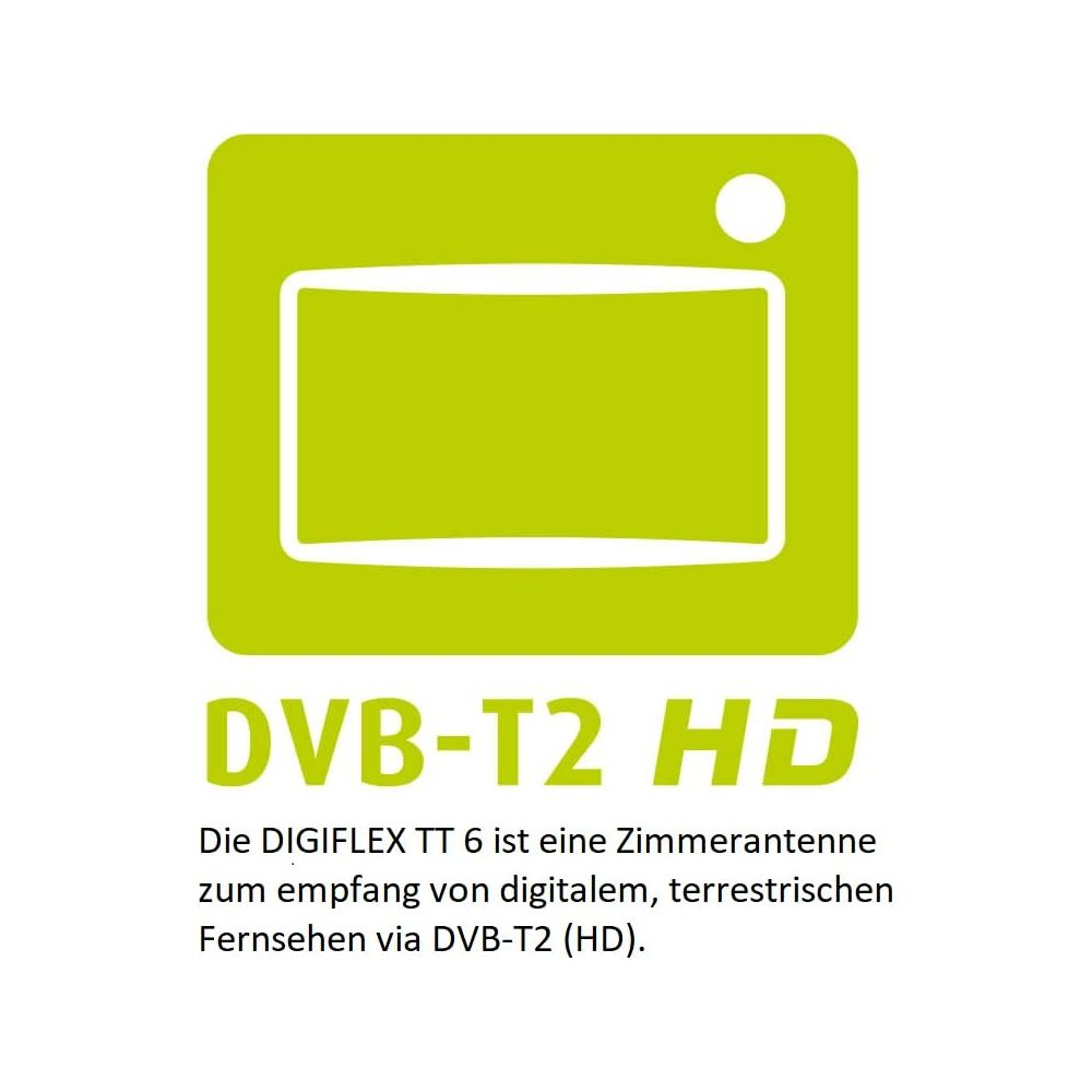 Zielona ikona telewizora z tekstem DVB-T2 HD. Antena pokojowa.