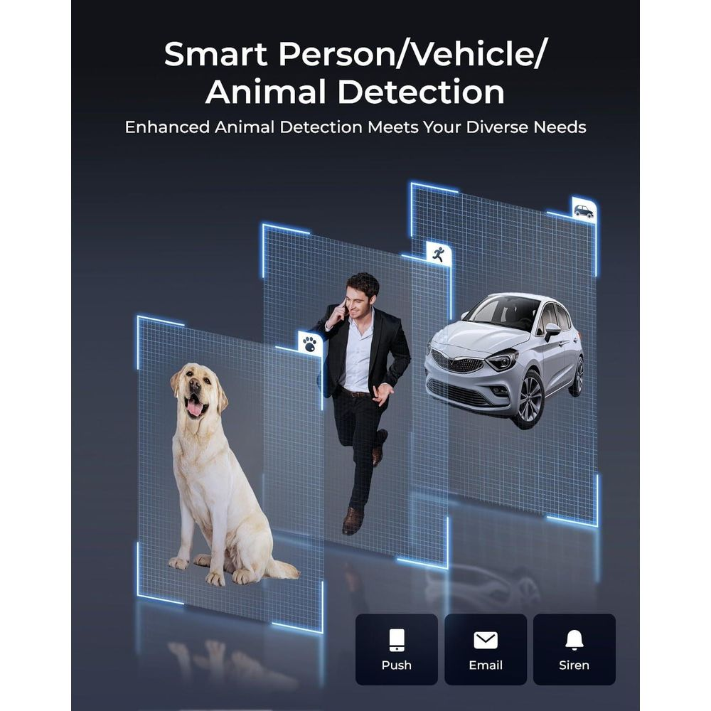Ein Hund, ein Mann telefoniert, ein Auto und Icons für Push, E-Mail, Sirene.